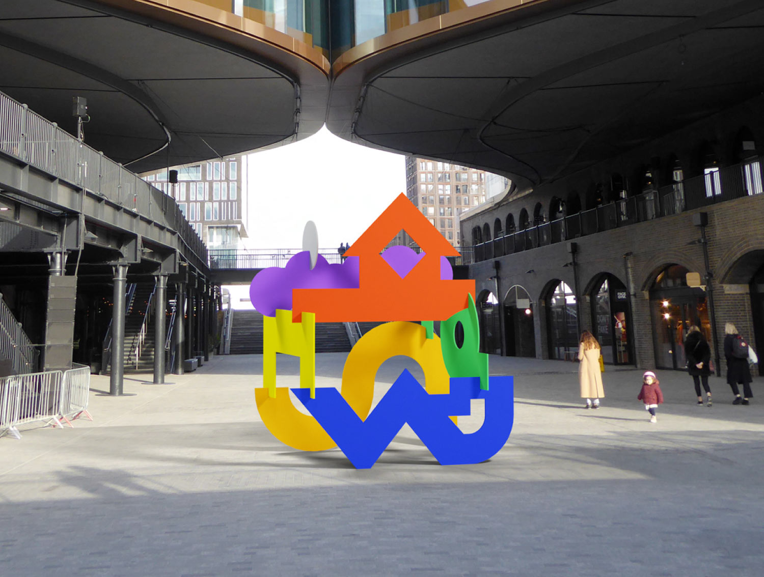 3D sculpture concept by Darren John placed in urban setting with colourful abstract forms