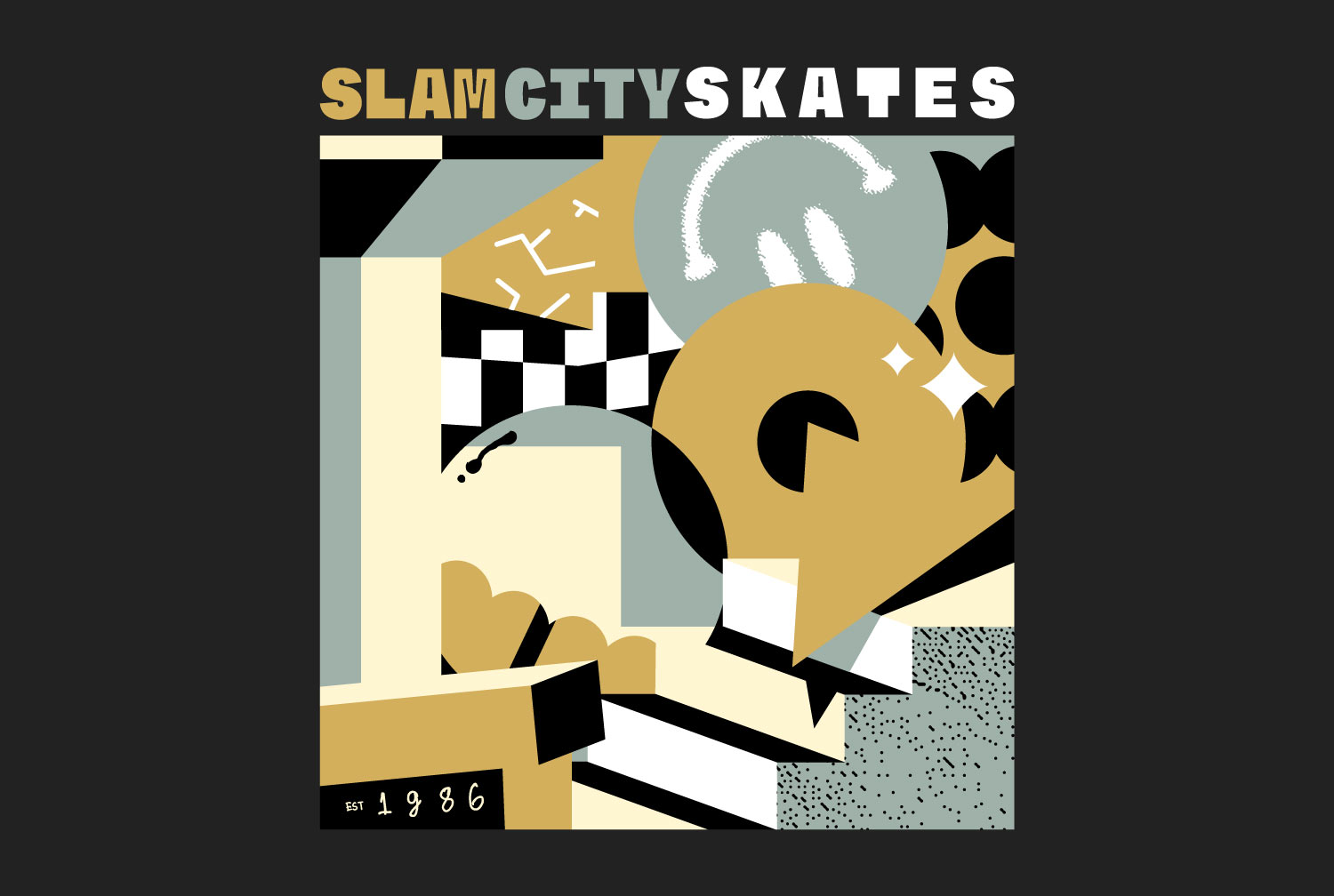 Graphic artwork by Darren John for Slam City Skates with abstract geometric composition